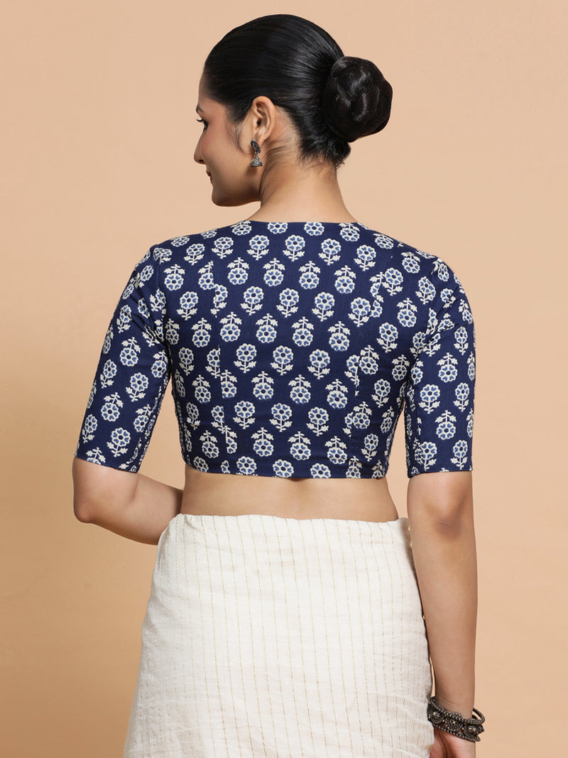 Kirti x Rozaana | Elbow Sleeves Cotton Saree Blouse in Indigo Blue Flower Block Print Fabric-Binks