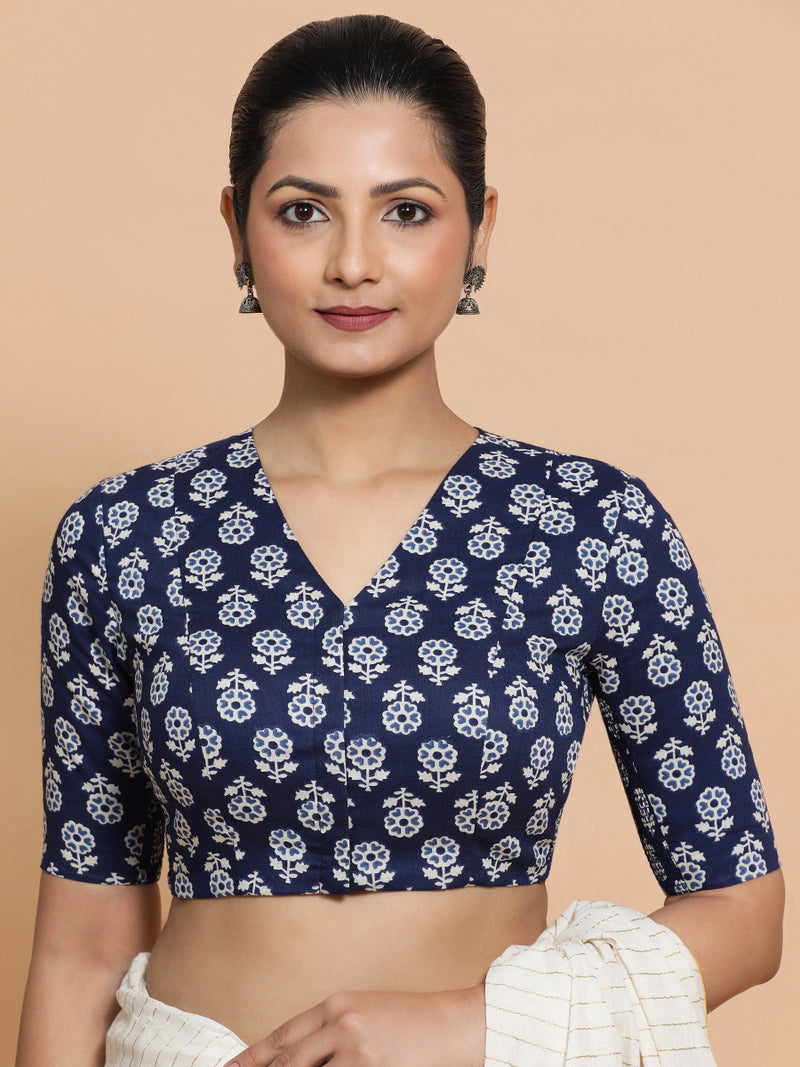Kirti x Rozaana | Elbow Sleeves Cotton Saree Blouse in Indigo Blue Flower Block Print Fabric-Binks