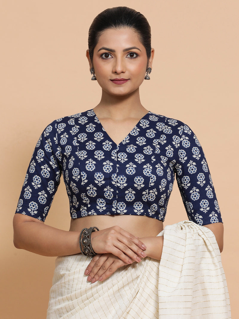Kirti x Rozaana | Elbow Sleeves Cotton Saree Blouse in Indigo Blue Flower Block Print Fabric-Binks