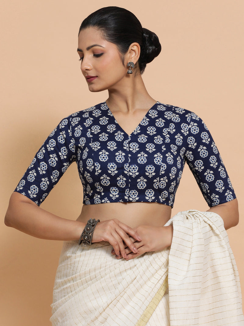 Kirti x Rozaana | Elbow Sleeves Cotton Saree Blouse in Indigo Blue Flower Block Print Fabric-Binks