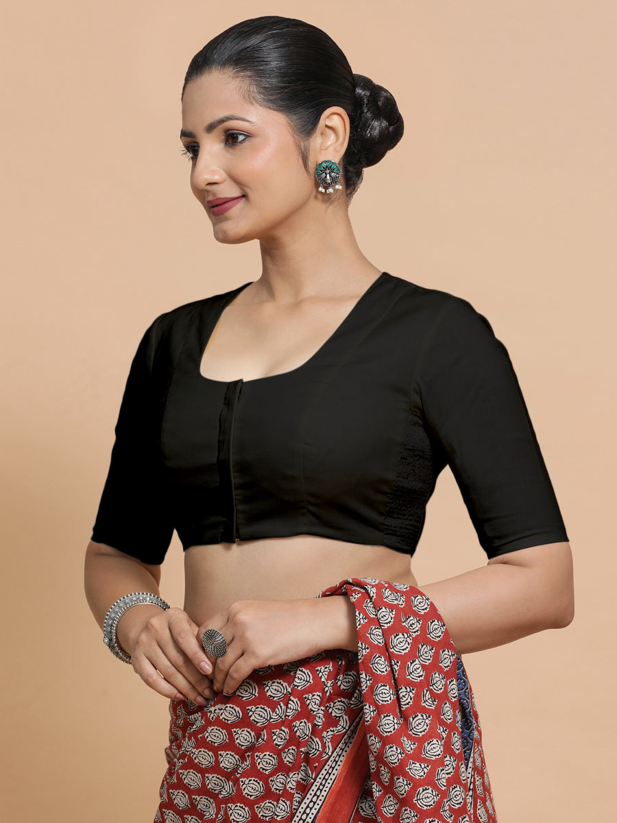 Koel x Rozaana Saree Blouse, in Black Cotton, featuring elbow sleeves and round neckline, made for daily & work (view 8).