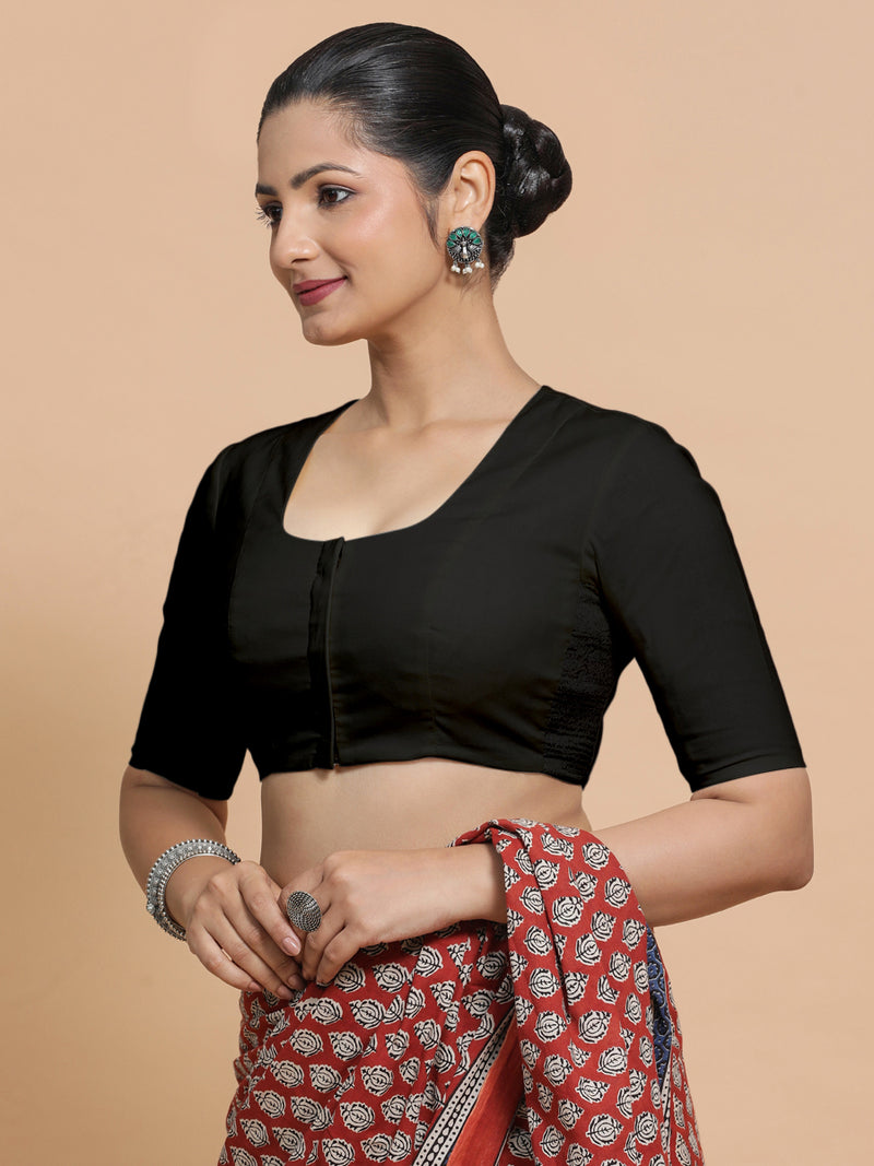 Koel x Rozaana | Round Neck Black Plain Cotton Saree Blouse-Binks