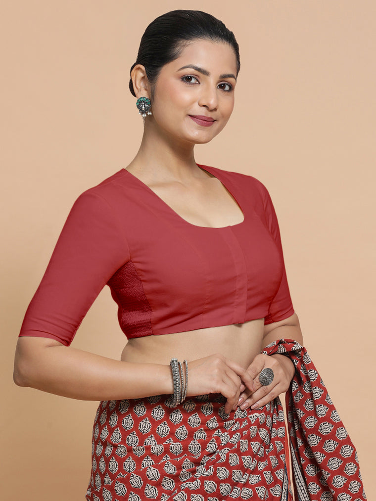 Koel x Rozaana Saree Blouse, in Red 100% Cotton - Solid, featuring elbow sleeves and round neckline, made for daily & work.