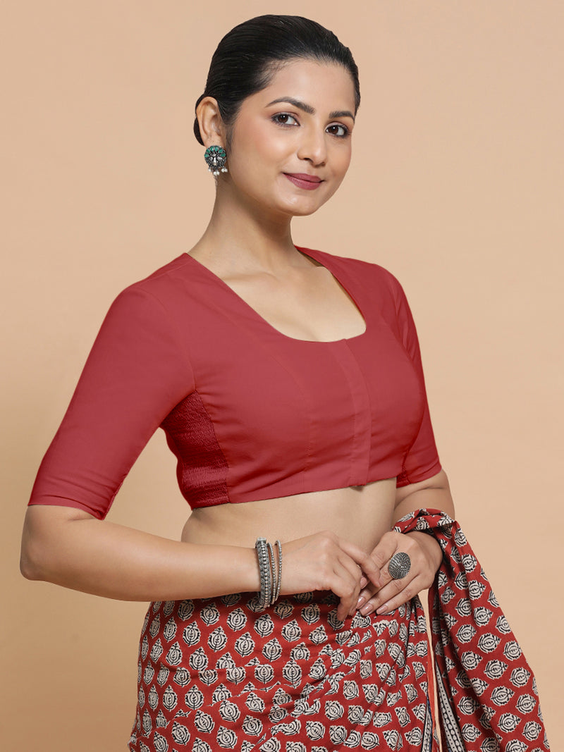 Koel x Rozaana | Elbow Sleeves Saree Blouse in Carmine Red Plain Cotton-Binks