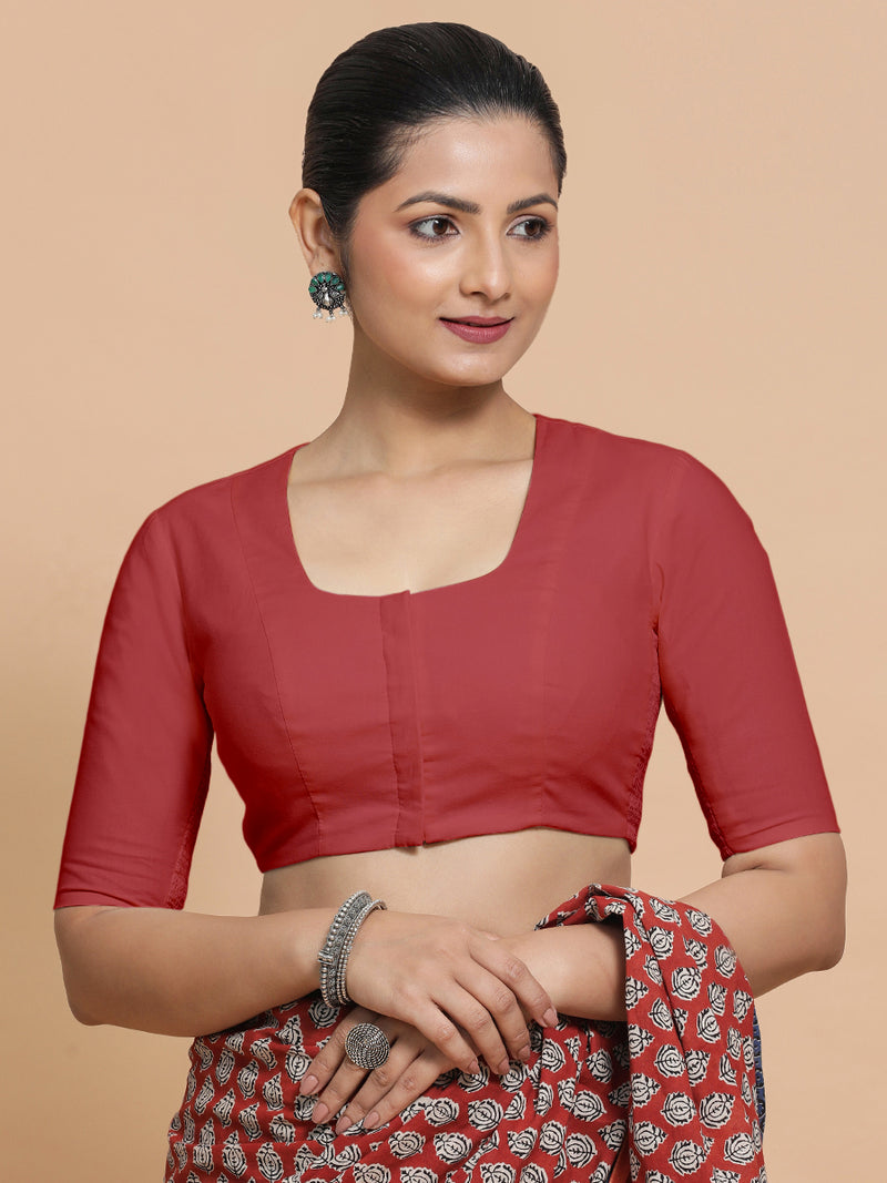 Koel x Rozaana | Elbow Sleeves Saree Blouse in Carmine Red Plain Cotton-Binks
