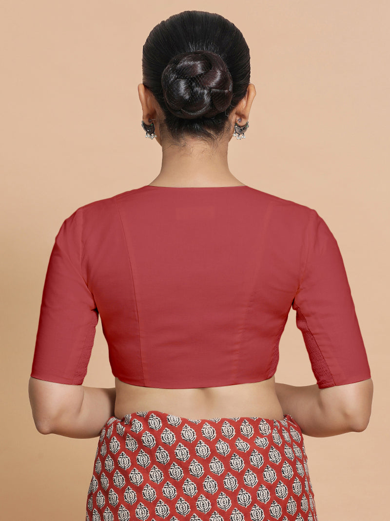 Koel x Rozaana | Elbow Sleeves Saree Blouse in Carmine Red Plain Cotton-Binks