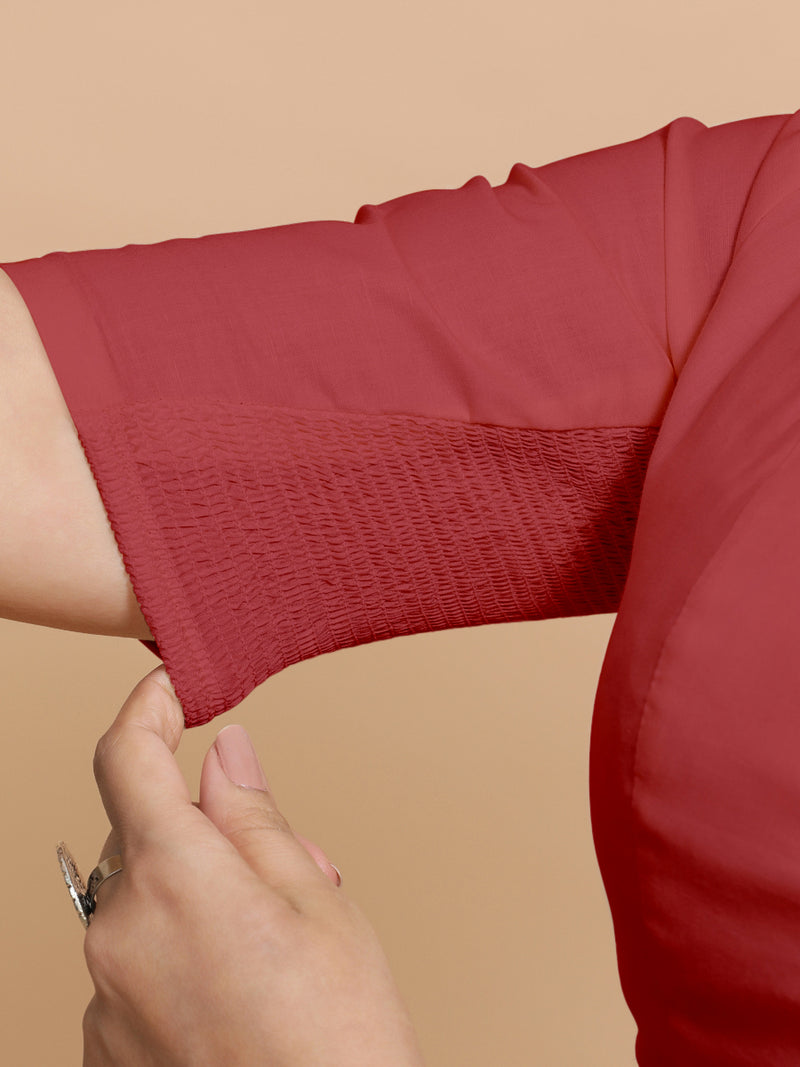 Koel x Rozaana | Elbow Sleeves Saree Blouse in Carmine Red Plain Cotton-Binks