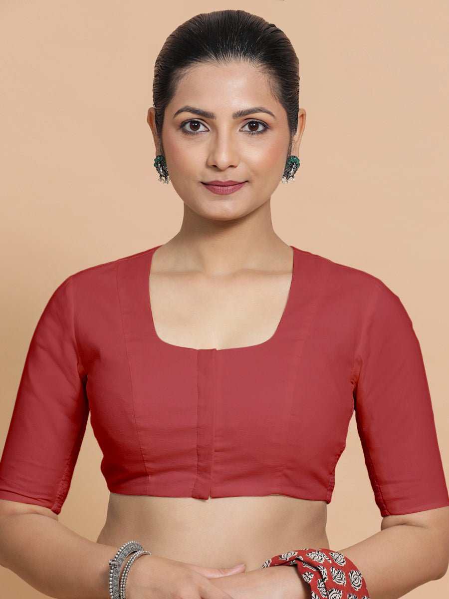 Koel x Rozaana Saree Blouse, in Red 100% Cotton - Solid, featuring elbow sleeves and round neckline, made for daily & work.