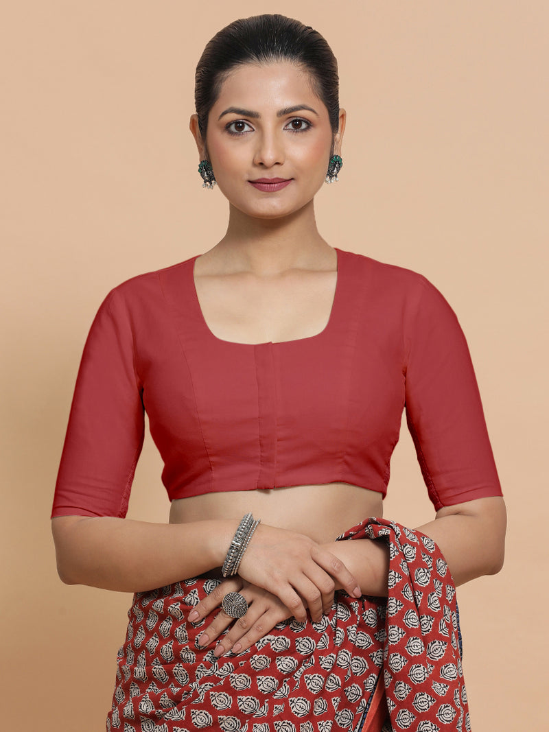 Koel x Rozaana | Elbow Sleeves Saree Blouse in Carmine Red Plain Cotton-Binks