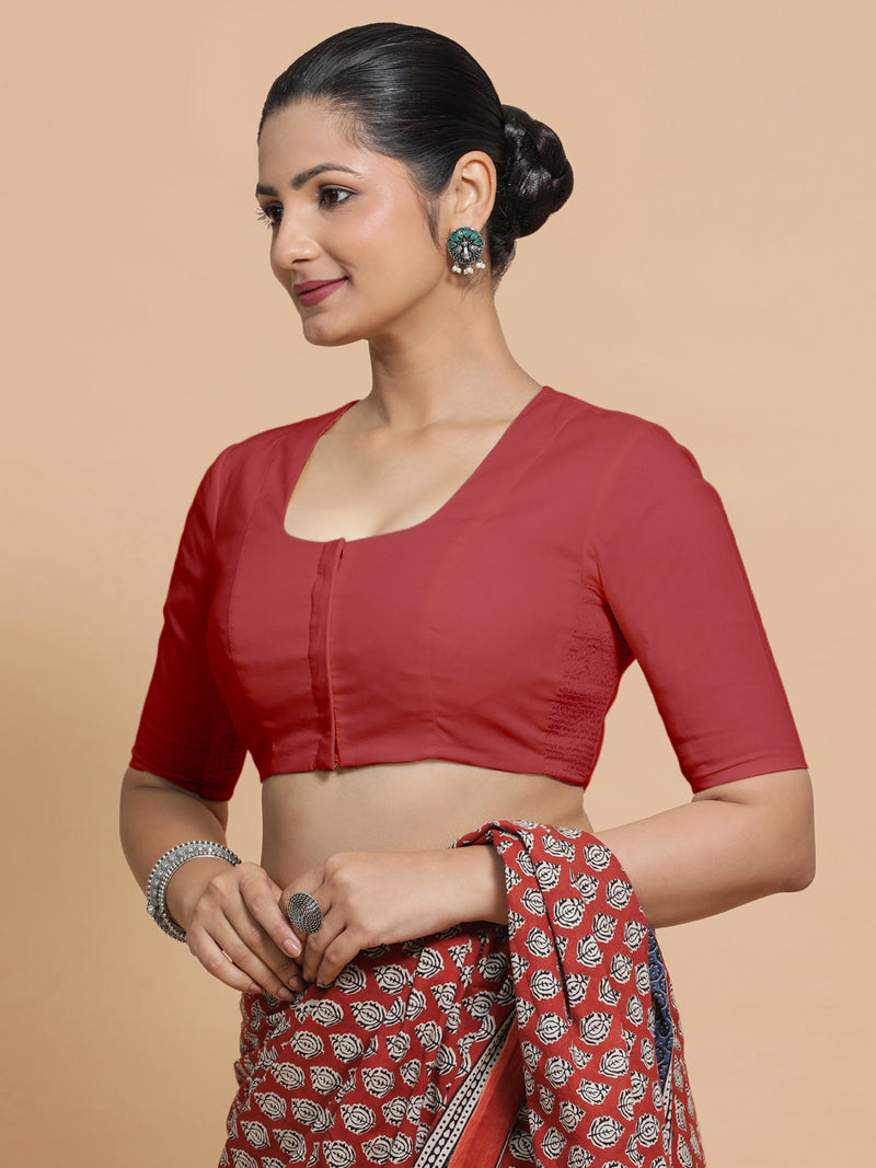 Koel x Rozaana | Elbow Sleeves Saree Blouse in Carmine Red Plain Cotton-Binks