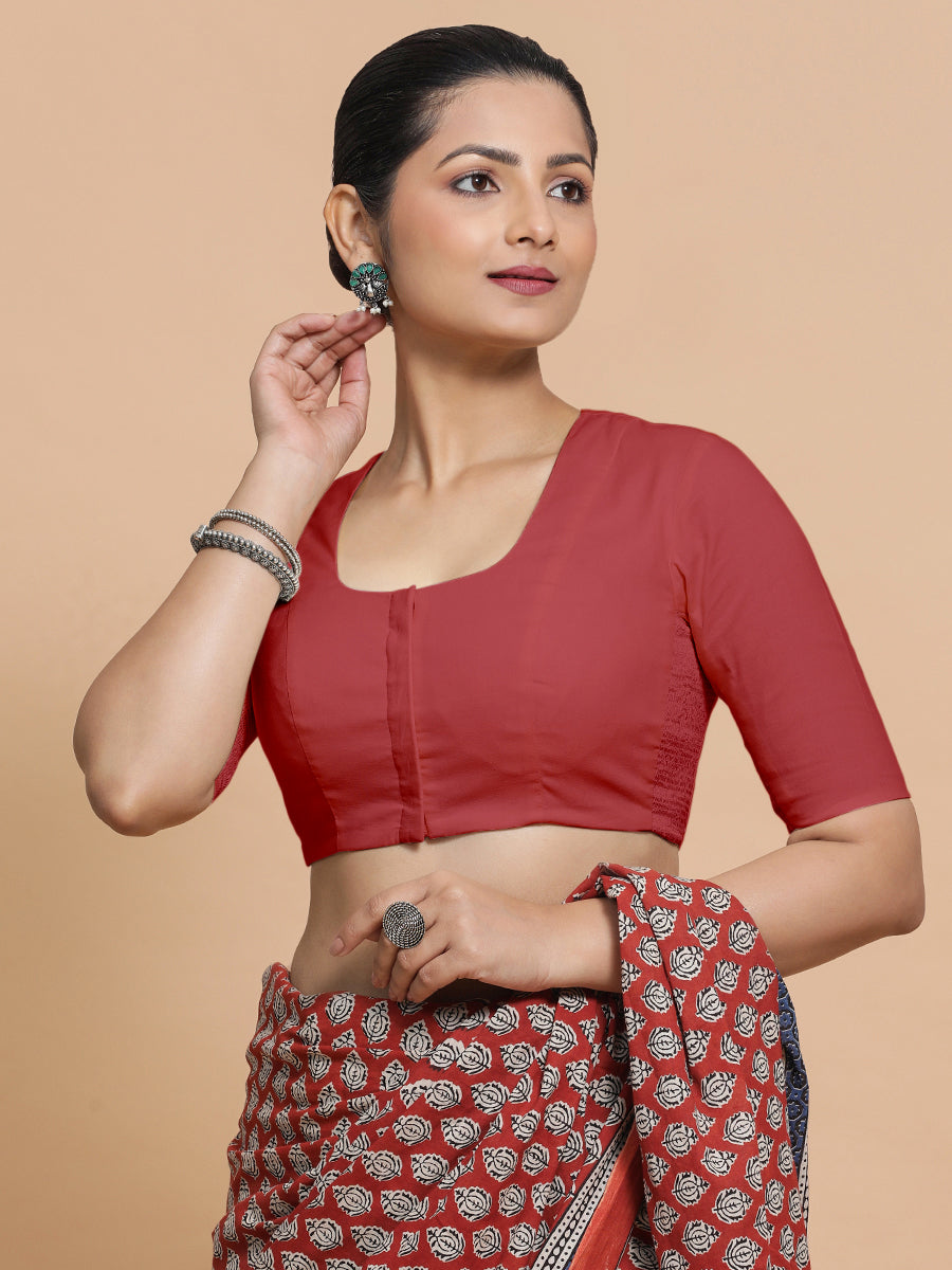 Koel x Rozaana Saree Blouse, in Red 100% Cotton - Solid, featuring elbow sleeves and round neckline, made for daily & work.