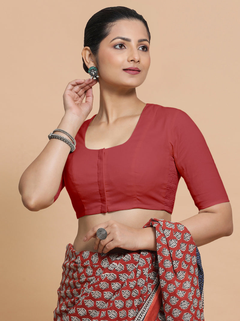 Koel x Rozaana | Elbow Sleeves Saree Blouse in Carmine Red Plain Cotton-Binks