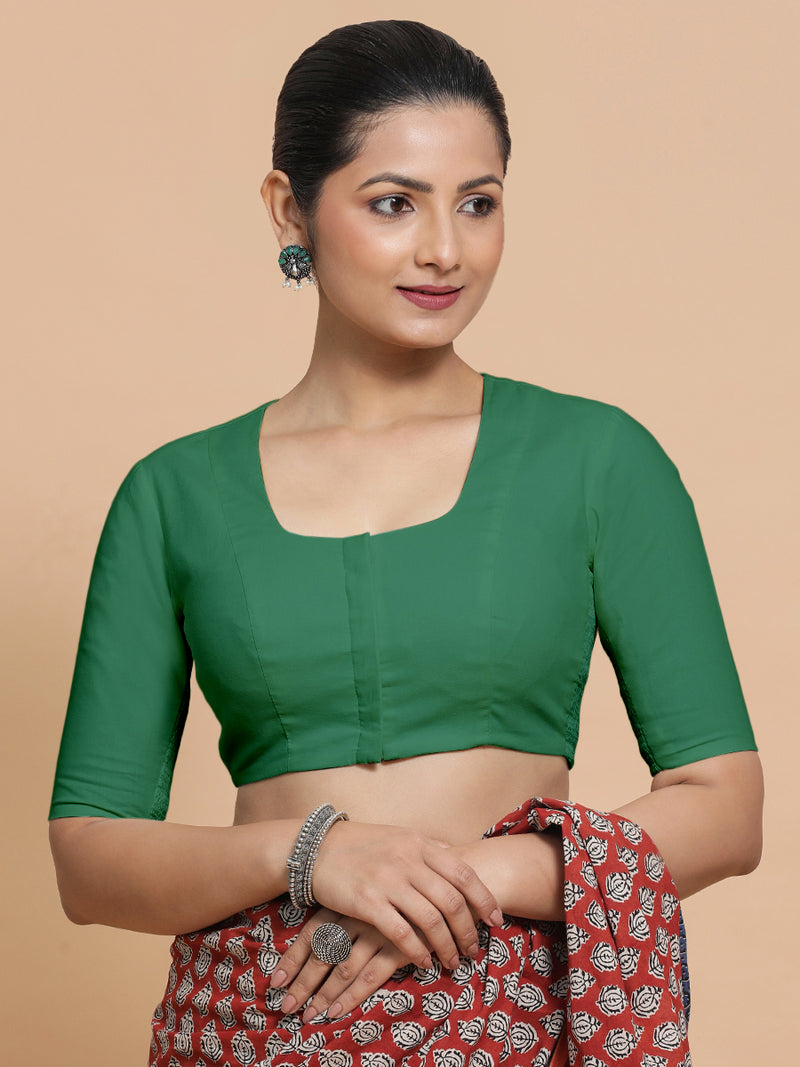 Koel x Rozaana | Elbow Sleeves Saree Blouse in Castleton Green Plain Cotton-Binks
