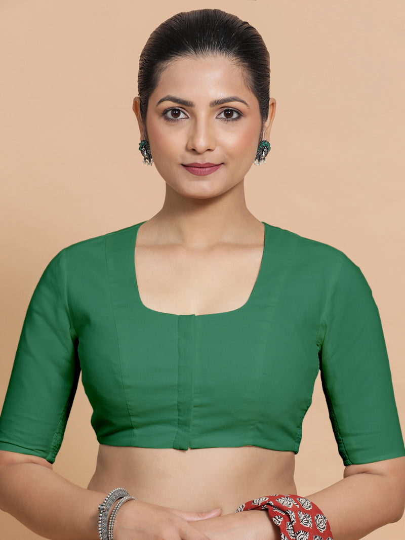 Koel x Rozaana | Elbow Sleeves Saree Blouse in Castleton Green Plain Cotton-Binks
