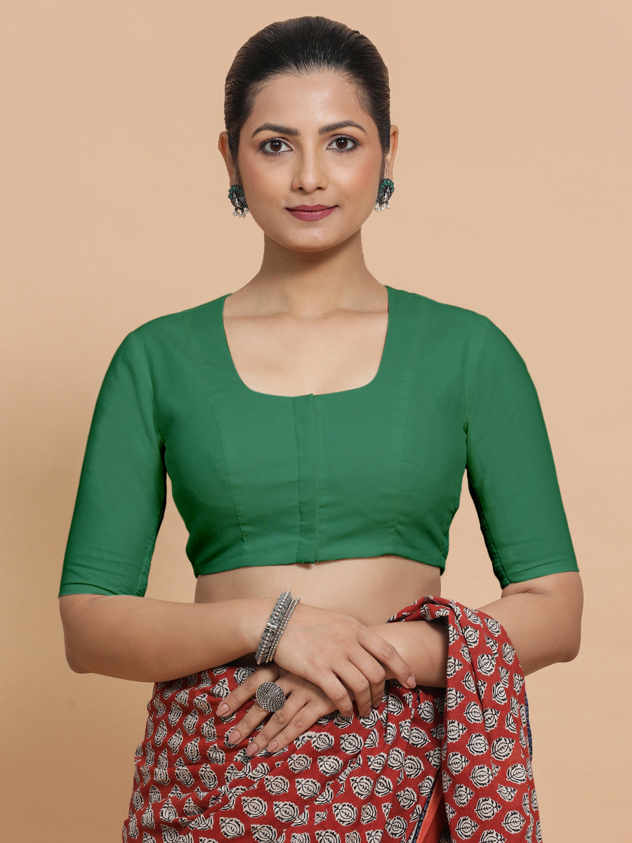 Koel x Rozaana Saree Blouse, in Green 100% Cotton - Solid, featuring elbow sleeves and round neckline, made for daily & work.