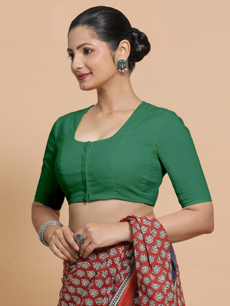 Koel x Rozaana | Elbow Sleeves Saree Blouse in Castleton Green Plain Cotton-Binks