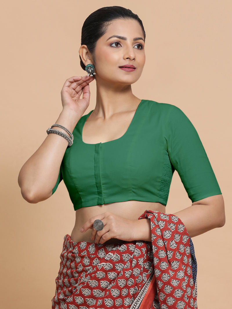 Koel x Rozaana | Elbow Sleeves Saree Blouse in Castleton Green Plain Cotton-Binks