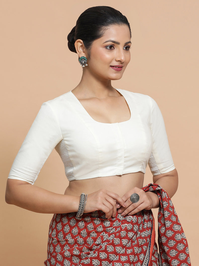 Koel x Rozaana | Round Neck Ivory Mist Plain Cotton Saree Blouse-Binks