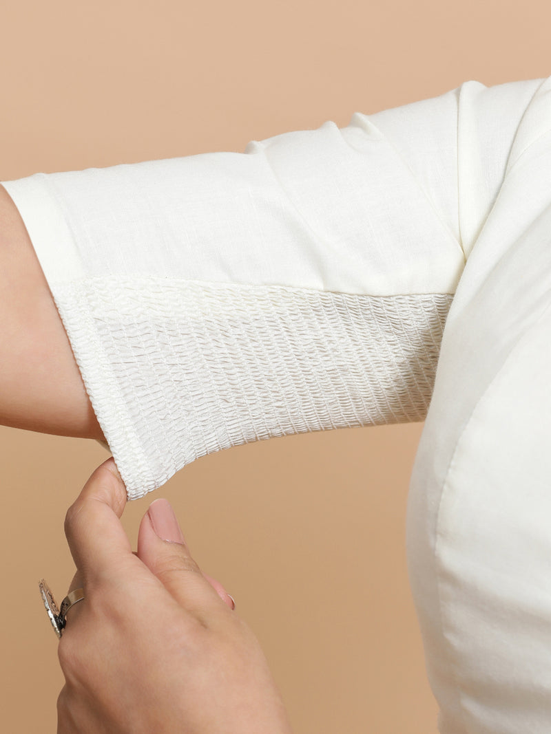 Koel x Rozaana | Round Neck Ivory Mist Plain Cotton Saree Blouse-Binks