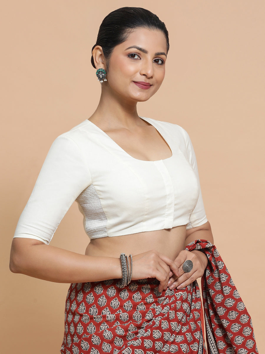 Koel x Rozaana Saree Blouse, in White Cotton, featuring elbow sleeves and round neckline, made for daily & work (view 6).