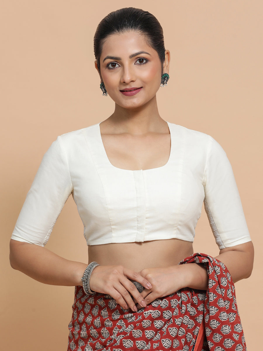 Koel x Rozaana Saree Blouse, in White Cotton, featuring elbow sleeves and round neckline, made for daily & work (view 8).