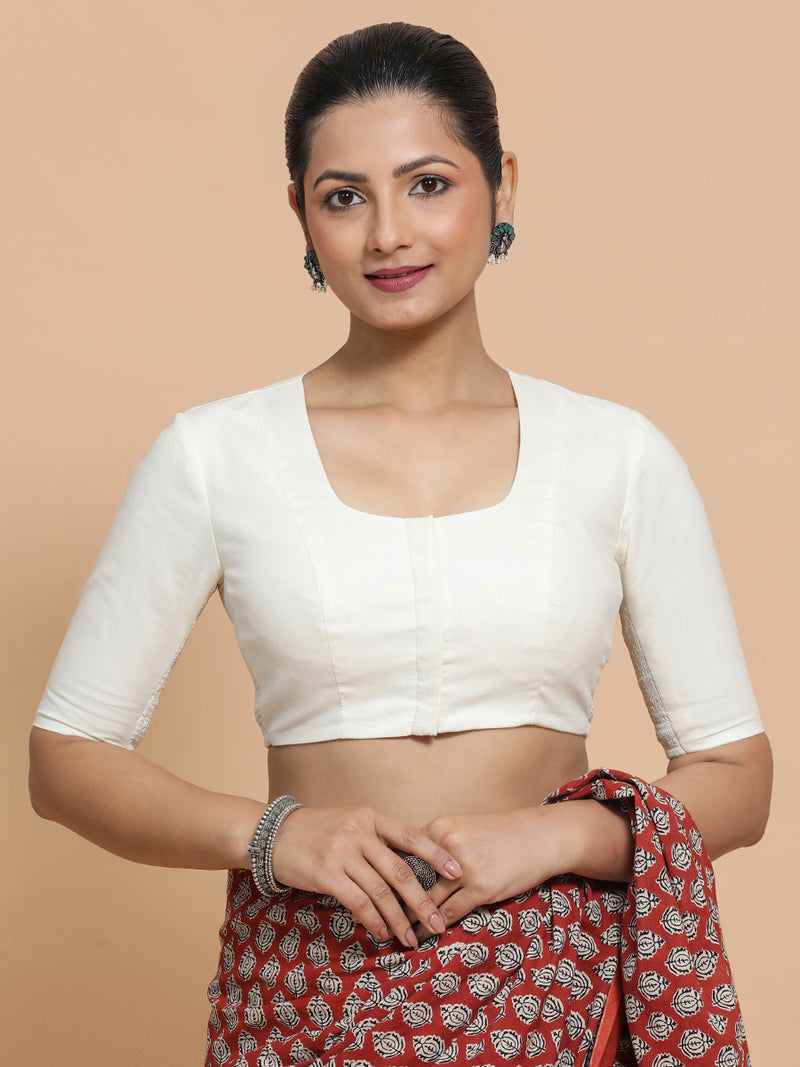 Koel x Rozaana | Round Neck Ivory Mist Plain Cotton Saree Blouse-Binks