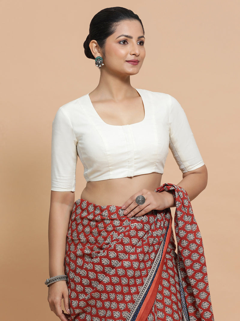 Koel x Rozaana | Round Neck Ivory Mist Plain Cotton Saree Blouse-Binks
