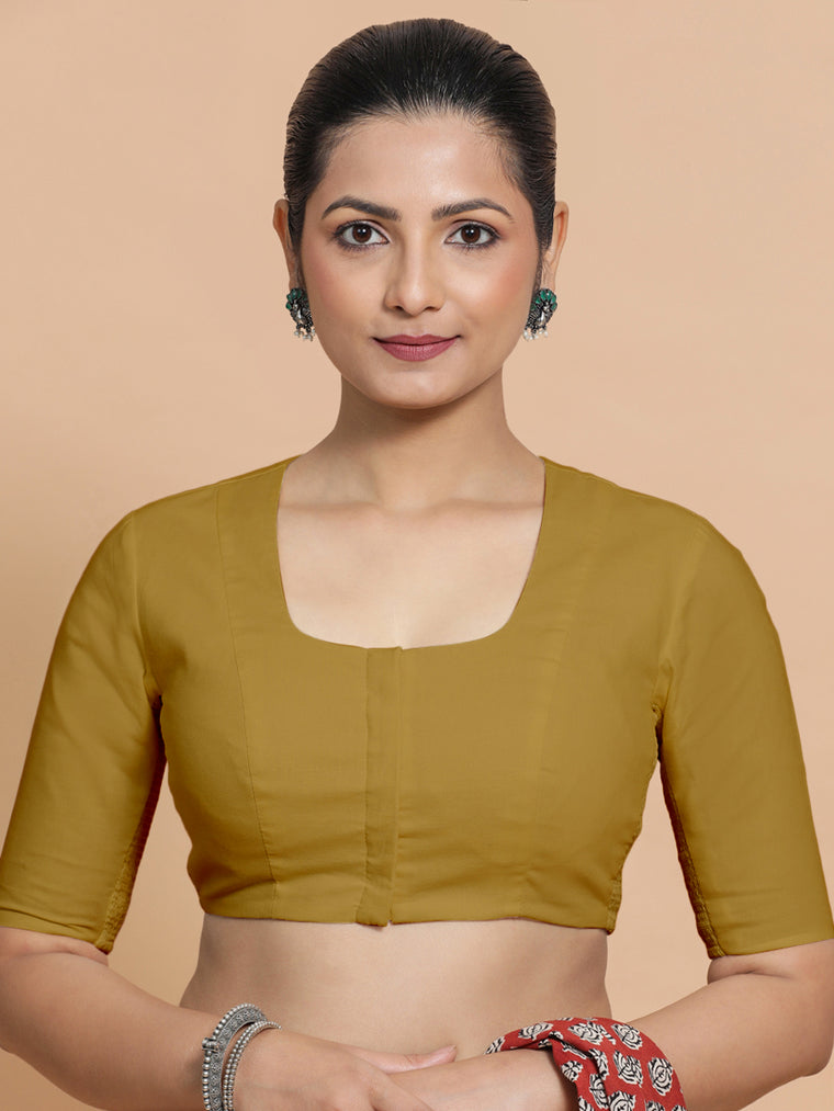 Koel x Rozaana Saree Blouse, in Yellow Cotton, featuring elbow sleeves and round neckline, made for daily & work.
