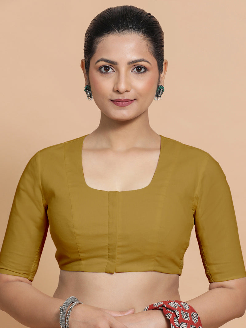 Koel x Rozaana | Round Neck Khaki Plain Cotton Saree Blouse-Binks