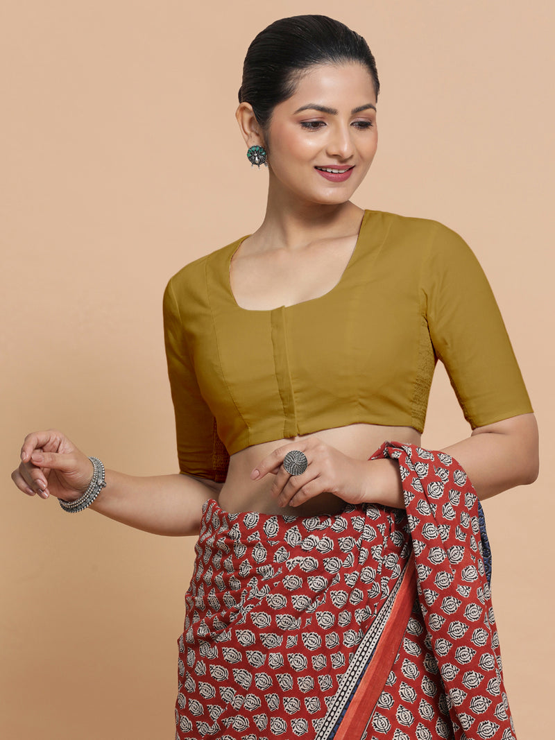 Koel x Rozaana | Round Neck Khaki Plain Cotton Saree Blouse-Binks