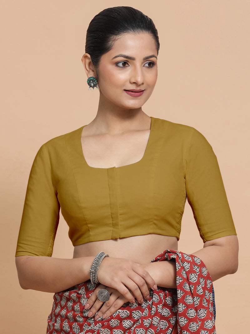 Koel x Rozaana | Round Neck Khaki Plain Cotton Saree Blouse-Binks