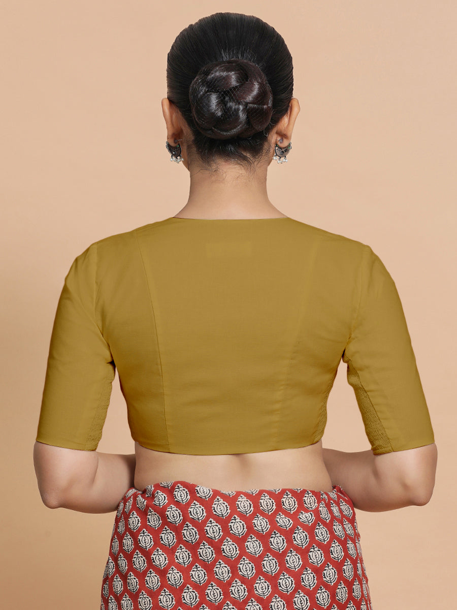 Koel x Rozaana Saree Blouse, in Yellow Cotton, featuring elbow sleeves and round neckline, made for daily & work (view 2).