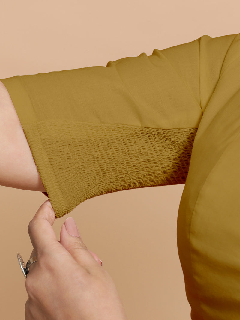 Koel x Rozaana | Round Neck Khaki Plain Cotton Saree Blouse-Binks