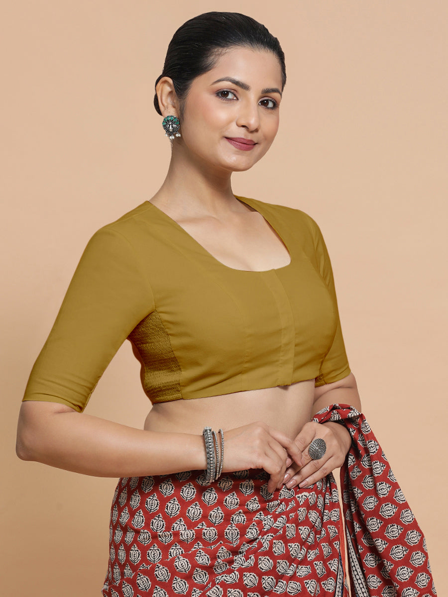 Koel x Rozaana Saree Blouse, in Yellow Cotton, featuring elbow sleeves and round neckline, made for daily & work (view 5).