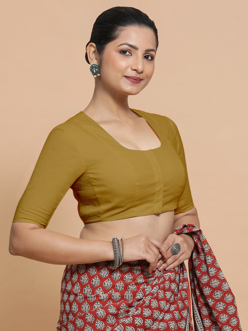 Koel x Rozaana | Round Neck Khaki Plain Cotton Saree Blouse-Binks