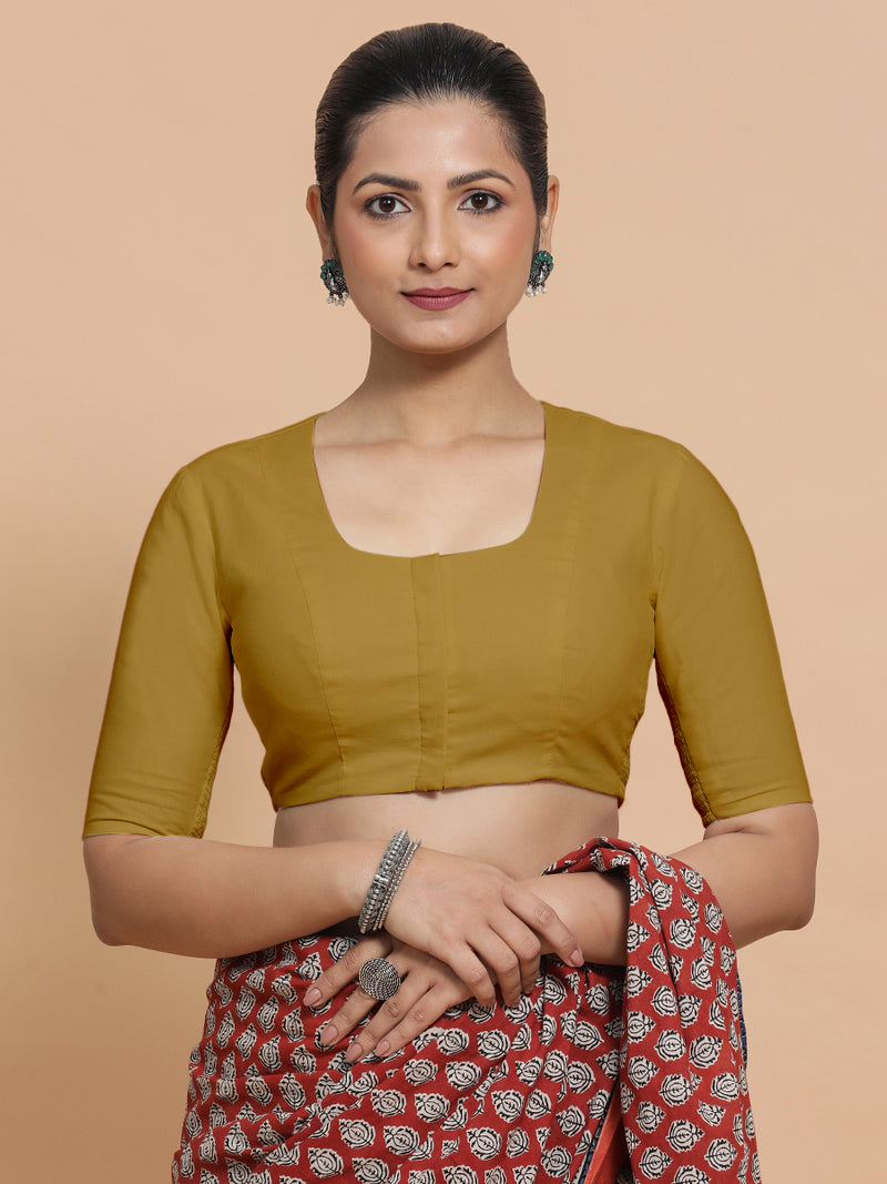 Koel x Rozaana | Round Neck Khaki Plain Cotton Saree Blouse-Binks