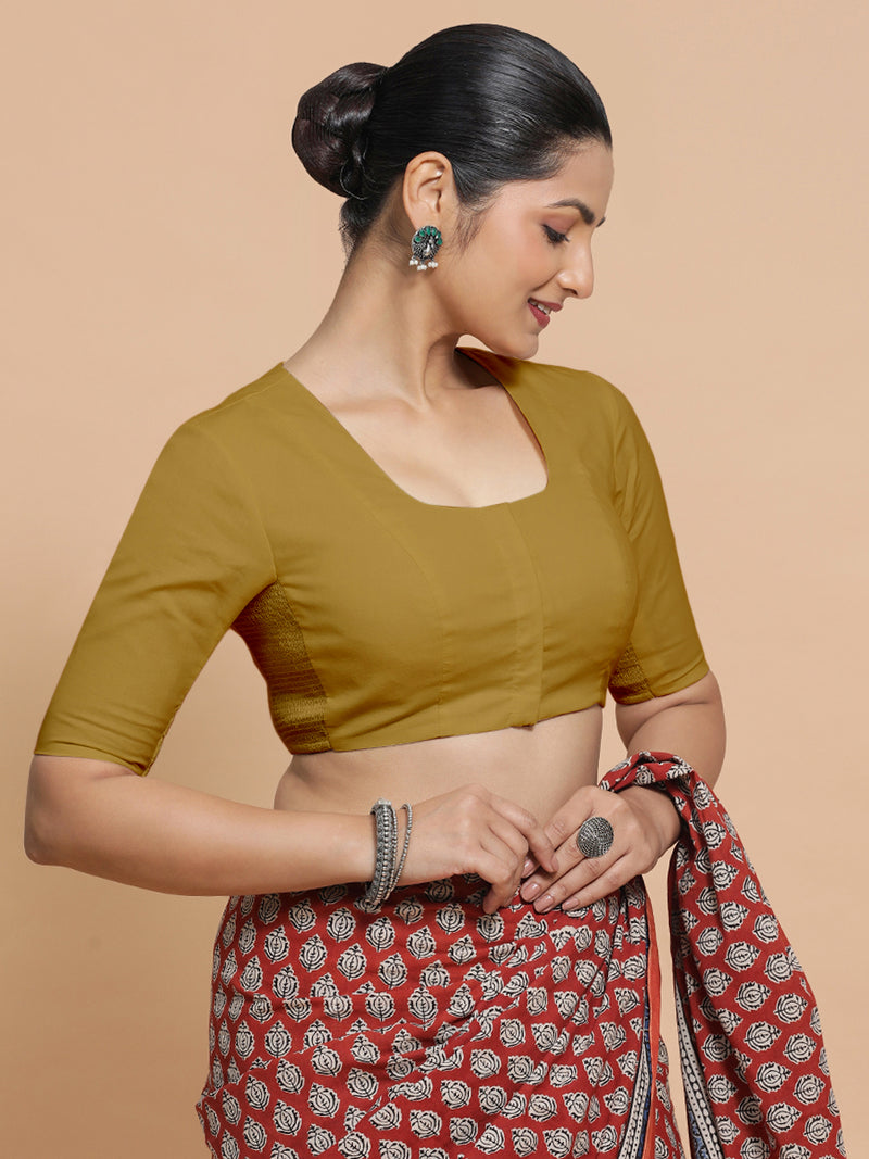 Koel x Rozaana | Round Neck Khaki Plain Cotton Saree Blouse-Binks