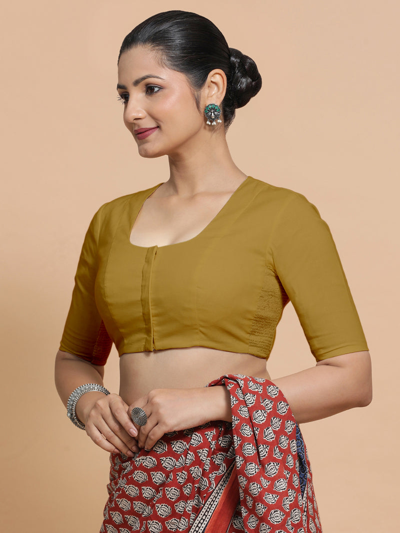 Koel x Rozaana | Round Neck Khaki Plain Cotton Saree Blouse-Binks