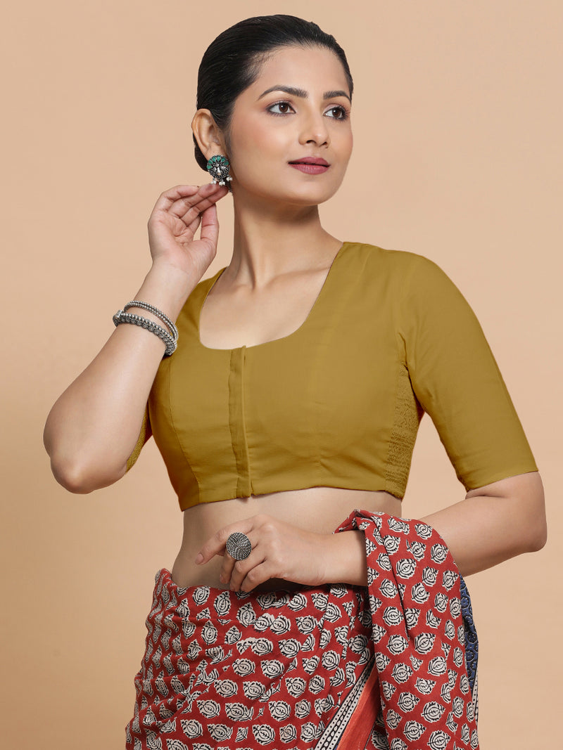Koel x Rozaana | Round Neck Khaki Plain Cotton Saree Blouse-Binks