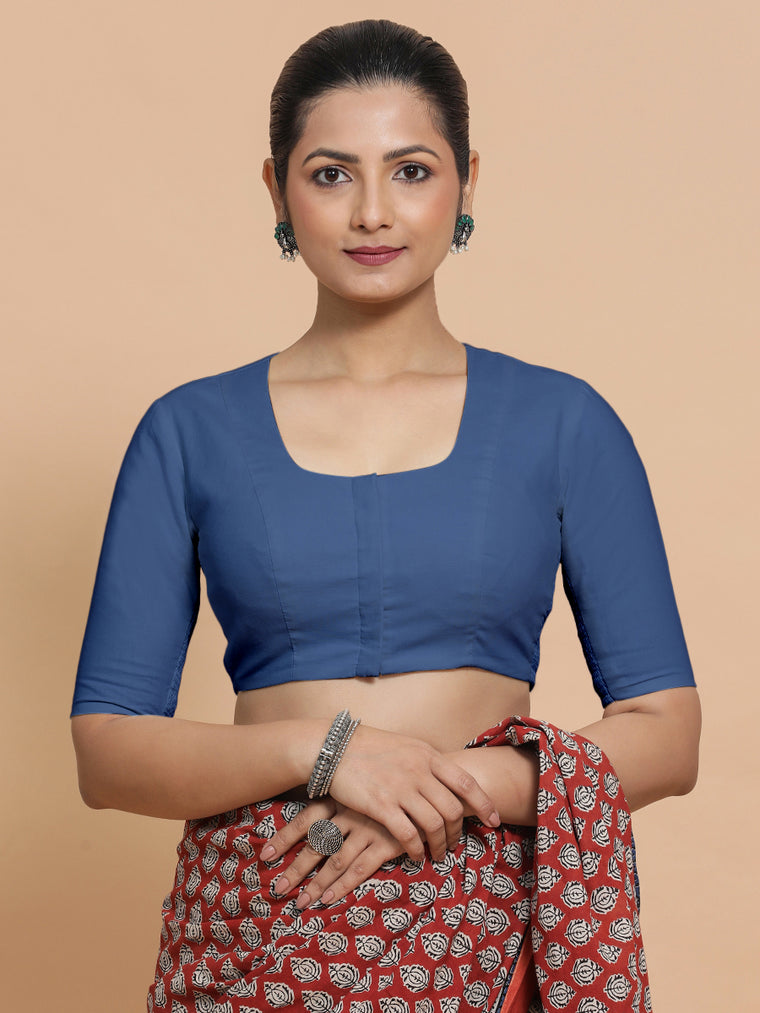 Koel x Rozaana Saree Blouse, in Blue 100% Cotton - Solid, featuring elbow sleeves and round neckline, made for daily & work.