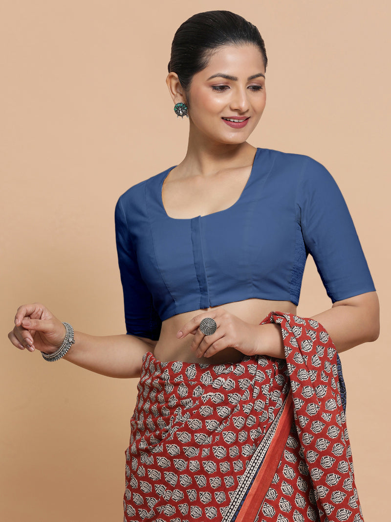 Koel x Rozaana | Elbow Sleeves Saree Blouse in Lapis Blue Plain Cotton-Binks