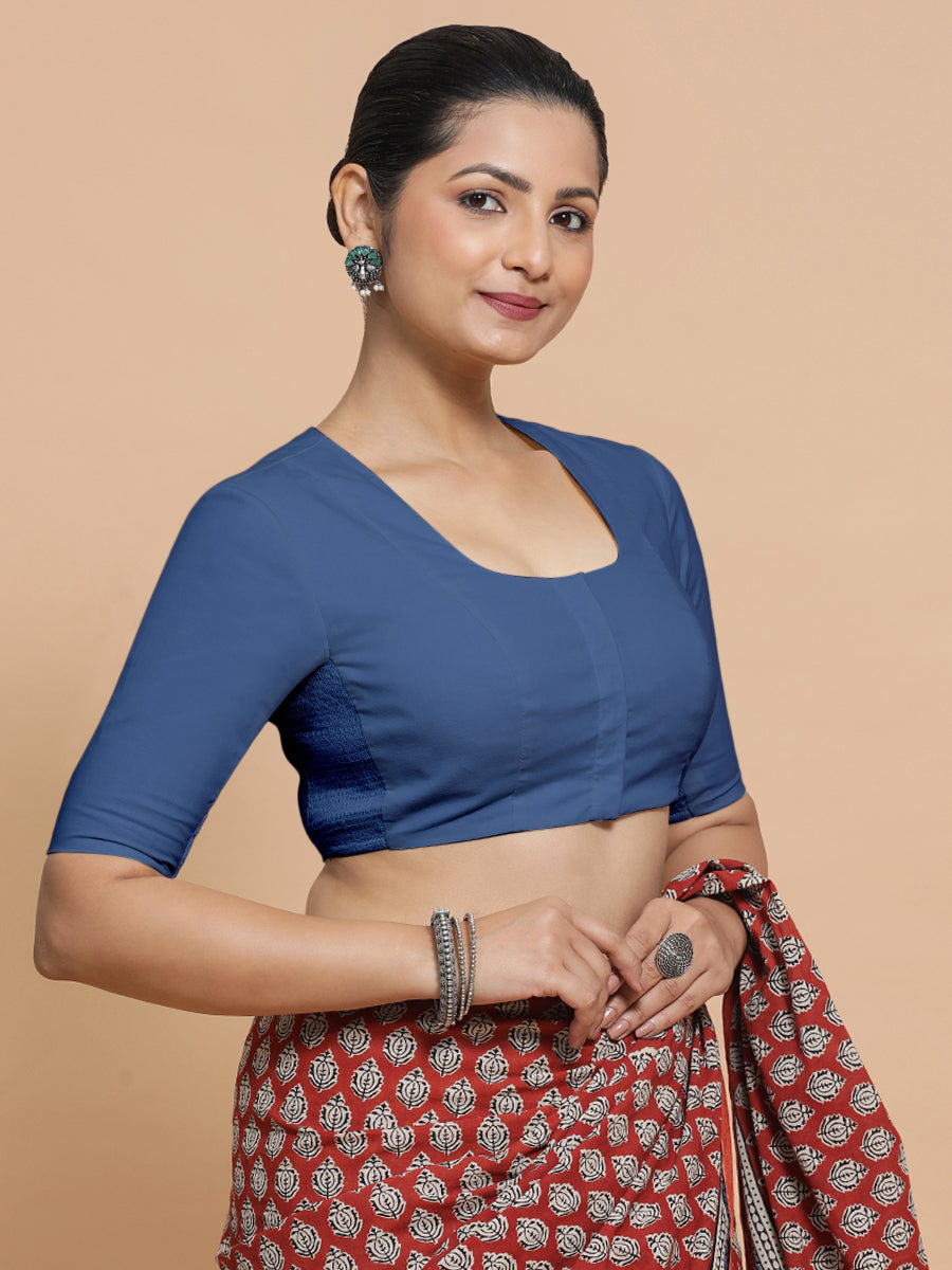 Koel x Rozaana Saree Blouse, in Blue 100% Cotton - Solid, featuring elbow sleeves and round neckline, made for daily & work.