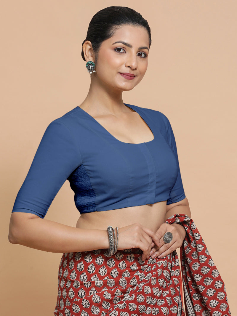 Koel x Rozaana | Elbow Sleeves Saree Blouse in Lapis Blue Plain Cotton-Binks