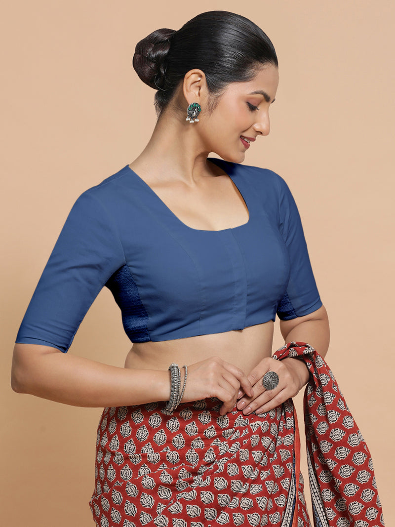 Koel x Rozaana | Elbow Sleeves Saree Blouse in Lapis Blue Plain Cotton-Binks