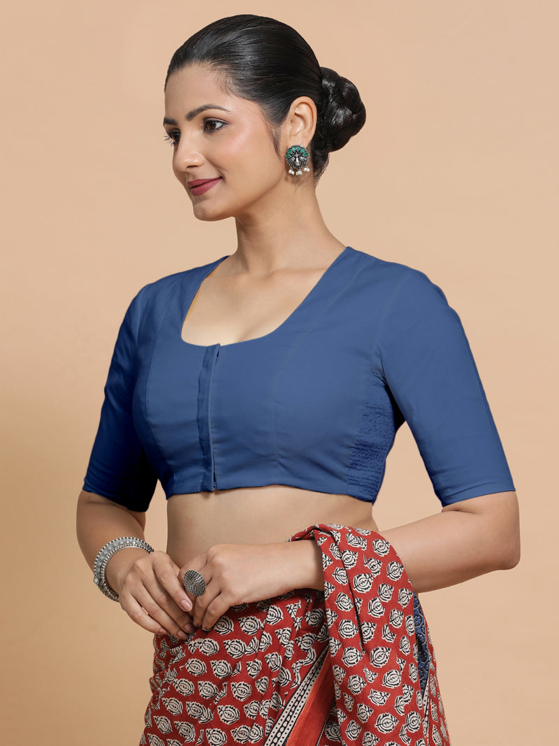 Koel x Rozaana | Elbow Sleeves Saree Blouse in Lapis Blue Plain Cotton-Binks