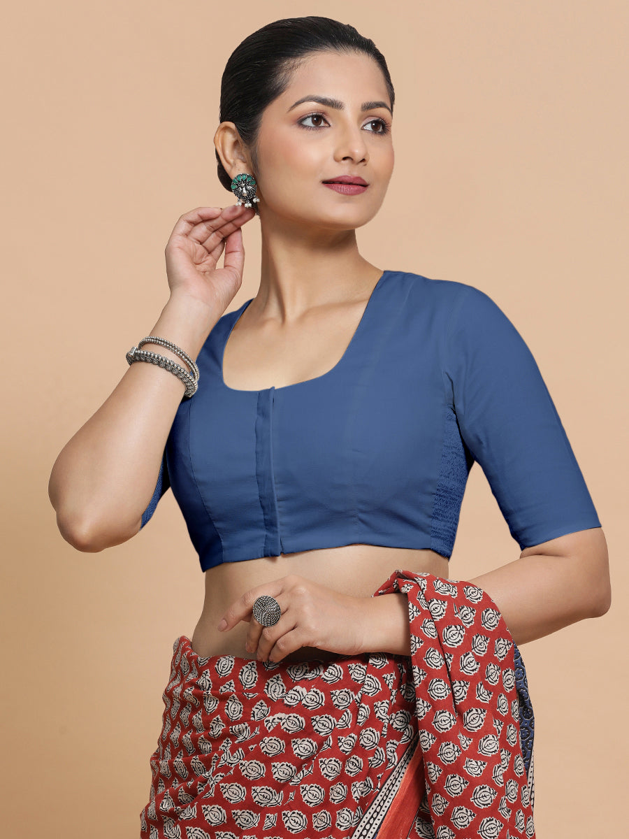 Elbow Sleeves Saree Blouse in Lapis Blue Plain Cotton – Binks