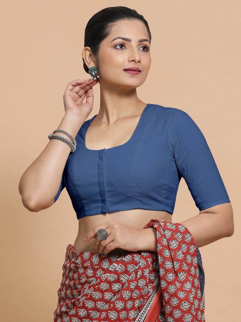 Koel x Rozaana | Elbow Sleeves Saree Blouse in Lapis Blue Plain Cotton-Binks