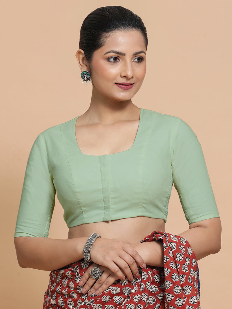Koel x Rozaana | Round Neck Light Sage Plain Cotton Saree Blouse-Binks