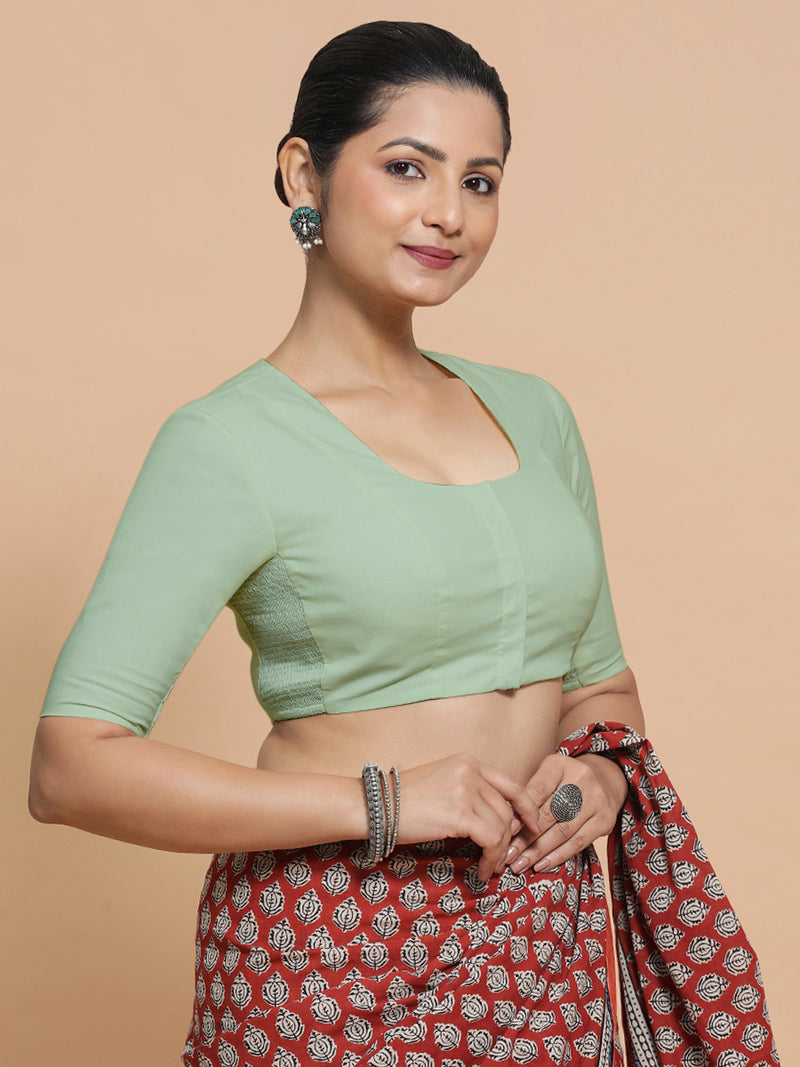 Koel x Rozaana | Round Neck Light Sage Plain Cotton Saree Blouse-Binks