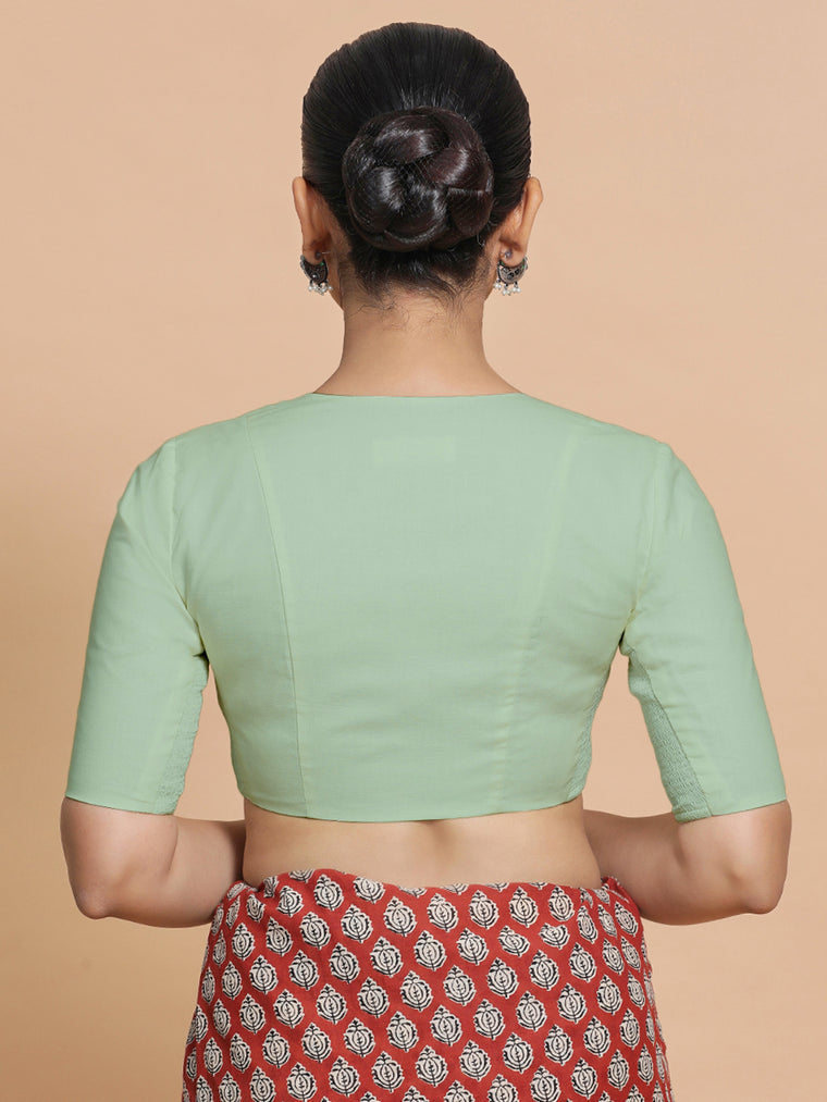 Koel x Rozaana Saree Blouse, in Green Cotton, featuring elbow sleeves and round neckline, made for daily & work (view 2).
